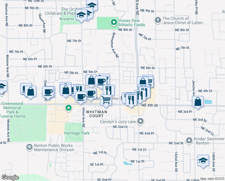 map of restaurants, bars, coffee shops, grocery stores, and more near 4415 Northeast 5th Street in Renton