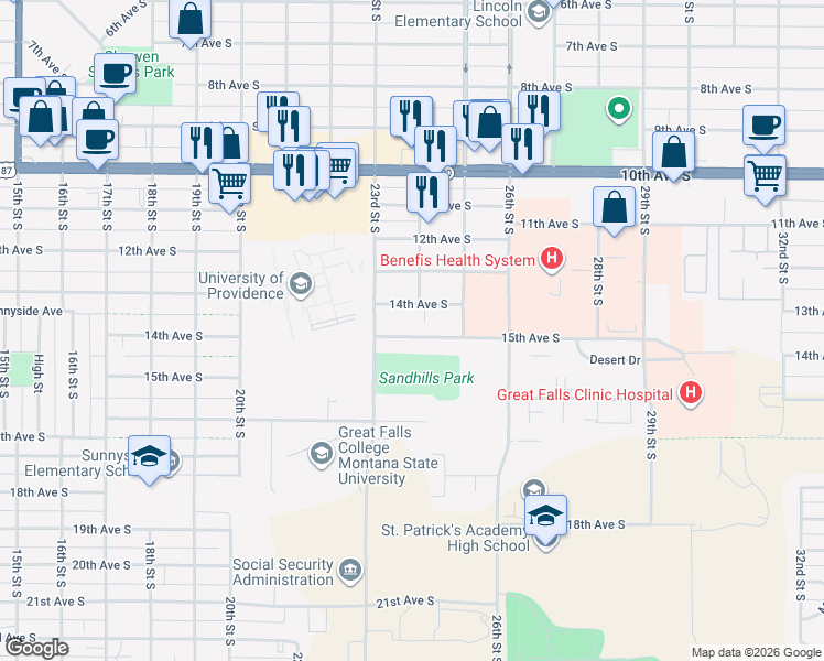 map of restaurants, bars, coffee shops, grocery stores, and more near 2319 15th Avenue South in Great Falls