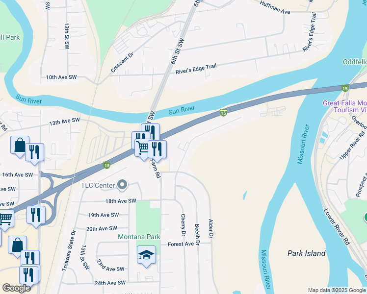 map of restaurants, bars, coffee shops, grocery stores, and more near 1536 Meadowlark Drive in Great Falls