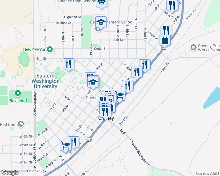 map of restaurants, bars, coffee shops, grocery stores, and more near 615 4th Street in Cheney