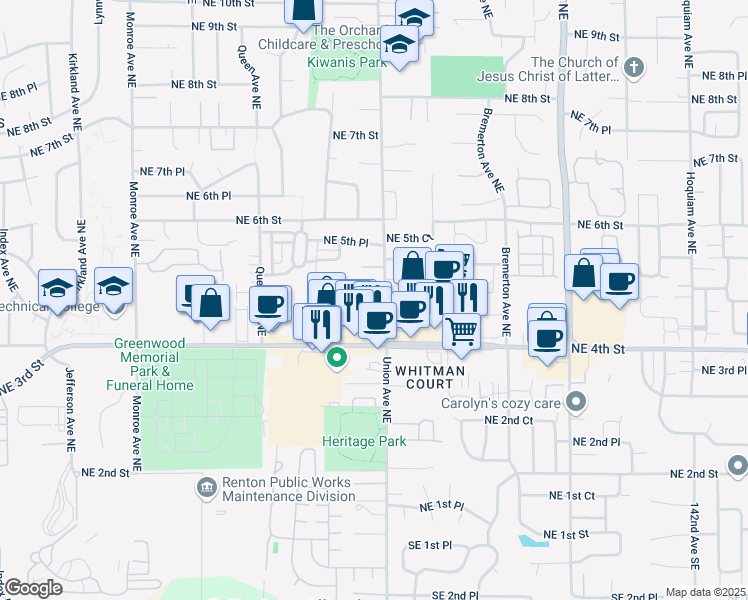 map of restaurants, bars, coffee shops, grocery stores, and more near 4042 Northeast 4th Place in Renton