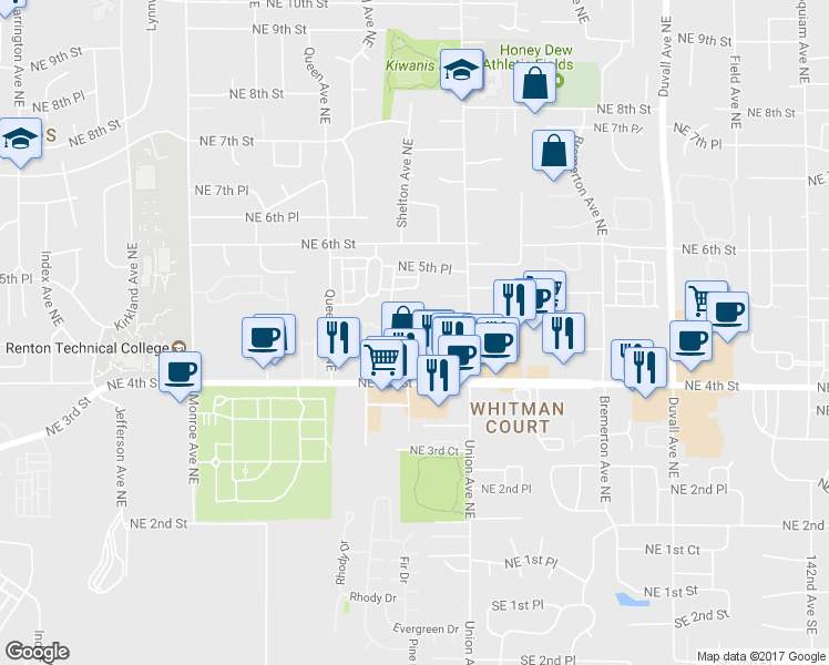 map of restaurants, bars, coffee shops, grocery stores, and more near 469 Tacoma Avenue Northeast in Renton