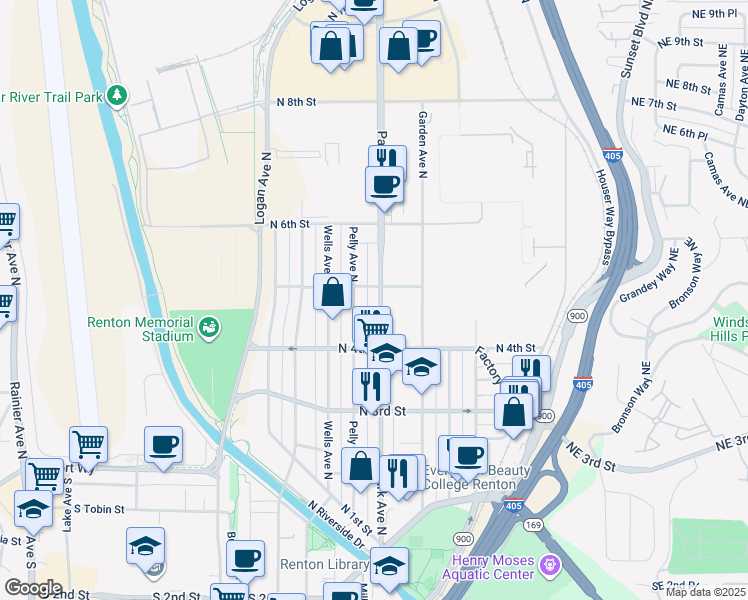 map of restaurants, bars, coffee shops, grocery stores, and more near 450 Park Avenue North in Renton