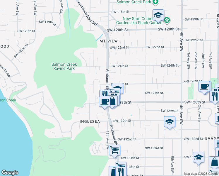 map of restaurants, bars, coffee shops, grocery stores, and more near 1121 Southwest 126th Street in Seattle