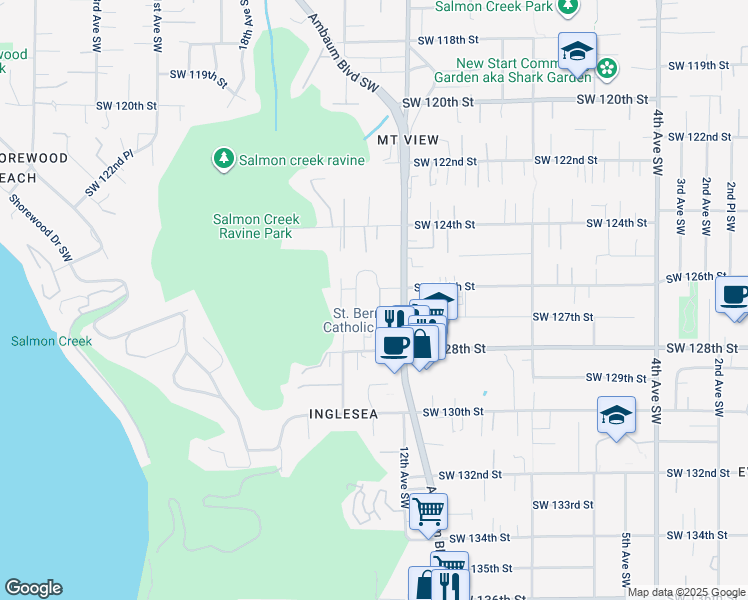 map of restaurants, bars, coffee shops, grocery stores, and more near 12604 14th Avenue Southwest in Burien