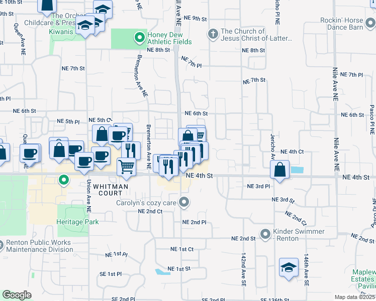 map of restaurants, bars, coffee shops, grocery stores, and more near 4700 Northeast 4th Street in Renton