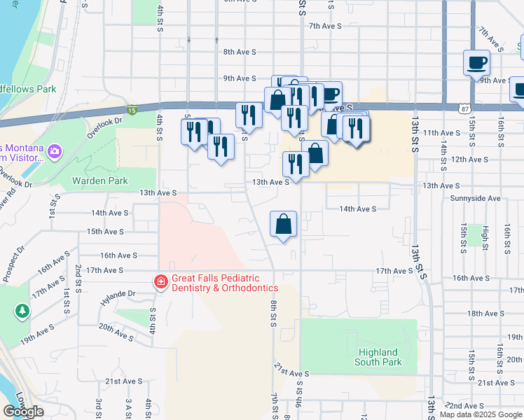 map of restaurants, bars, coffee shops, grocery stores, and more near 1317 7th Street South in Great Falls