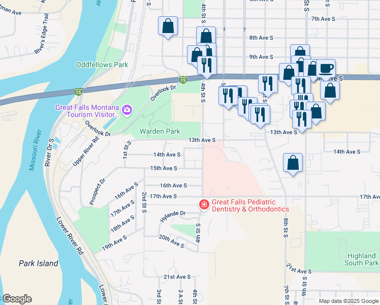 map of restaurants, bars, coffee shops, grocery stores, and more near 326 14th Avenue South in Great Falls