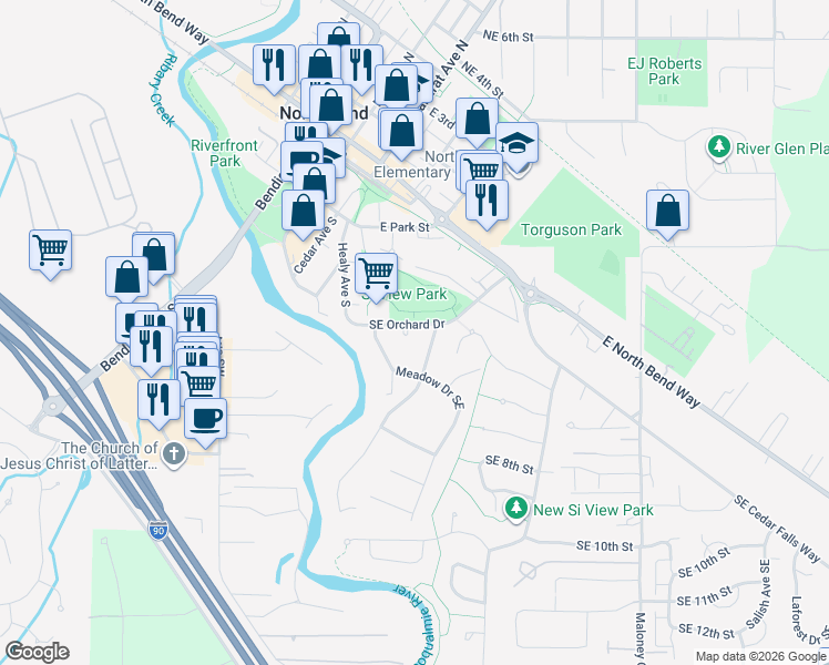 map of restaurants, bars, coffee shops, grocery stores, and more near 429 Southeast Orchard Drive in North Bend