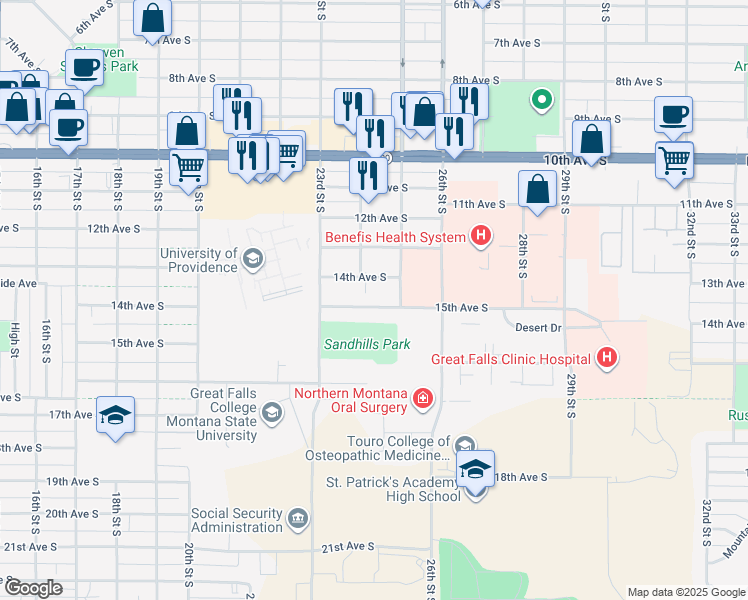 map of restaurants, bars, coffee shops, grocery stores, and more near 2400 14th Avenue South in Great Falls