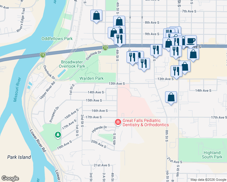 map of restaurants, bars, coffee shops, grocery stores, and more near 326 14th Avenue Northwest in Great Falls