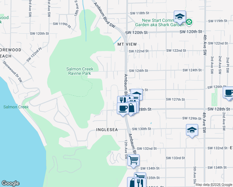 map of restaurants, bars, coffee shops, grocery stores, and more near 1229 Southwest 126th Street in Burien
