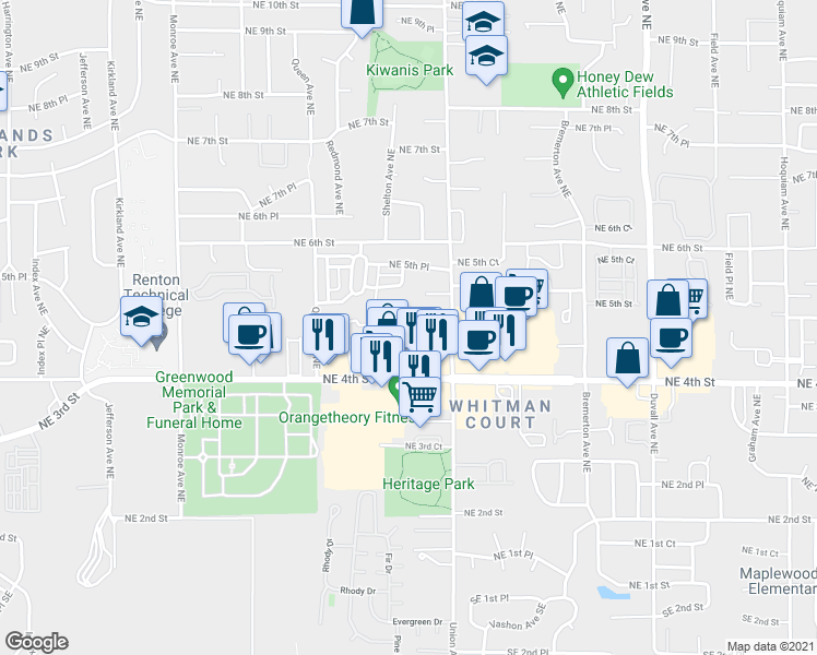 map of restaurants, bars, coffee shops, grocery stores, and more near 465 Tacoma Avenue Northeast in Renton