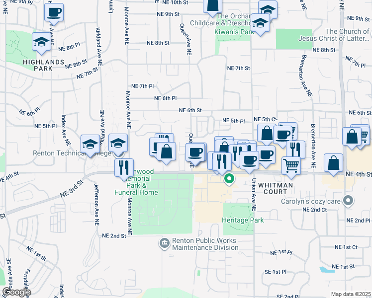 map of restaurants, bars, coffee shops, grocery stores, and more near 465 Queen Avenue Northeast in Renton