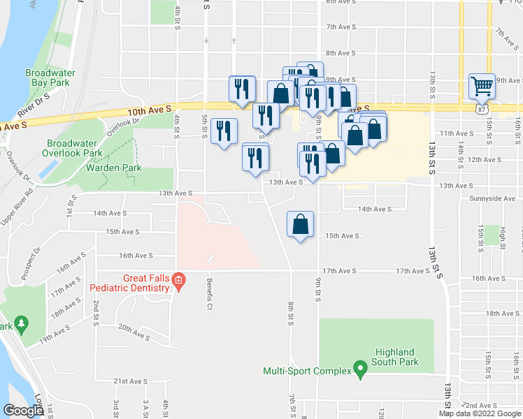 map of restaurants, bars, coffee shops, grocery stores, and more near 1308 7th Street South in Great Falls