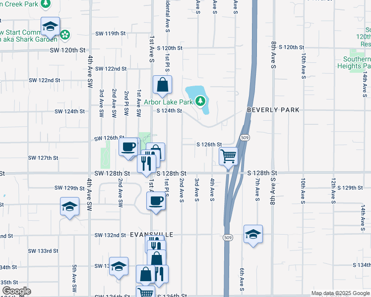 map of restaurants, bars, coffee shops, grocery stores, and more near 12604 2nd Avenue Southwest in Seattle