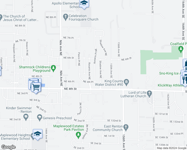 map of restaurants, bars, coffee shops, grocery stores, and more near 471 Rosario Place Northeast in Renton
