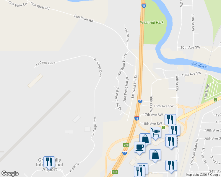 map of restaurants, bars, coffee shops, grocery stores, and more near 1316 3rd West Hill Dr in Great Falls