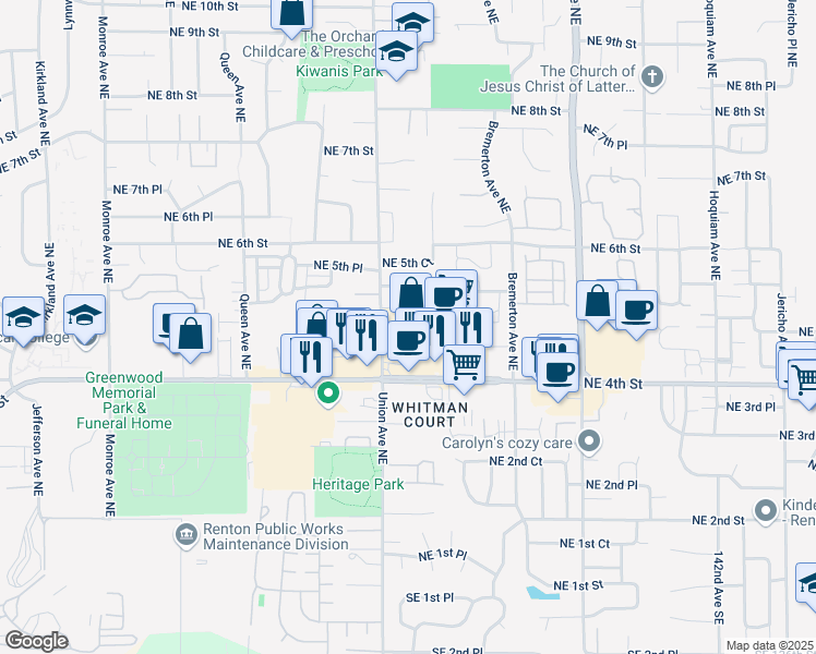 map of restaurants, bars, coffee shops, grocery stores, and more near 4410 Northeast 4th Street in Renton