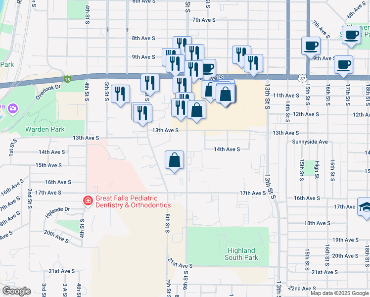 map of restaurants, bars, coffee shops, grocery stores, and more near 1336 9th Street South in Great Falls