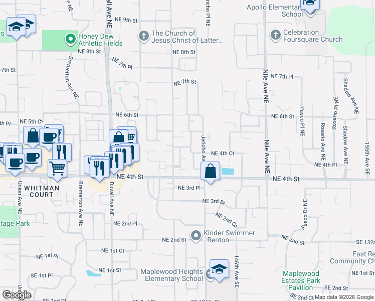 map of restaurants, bars, coffee shops, grocery stores, and more near 5131 Northeast 5th Street in Renton