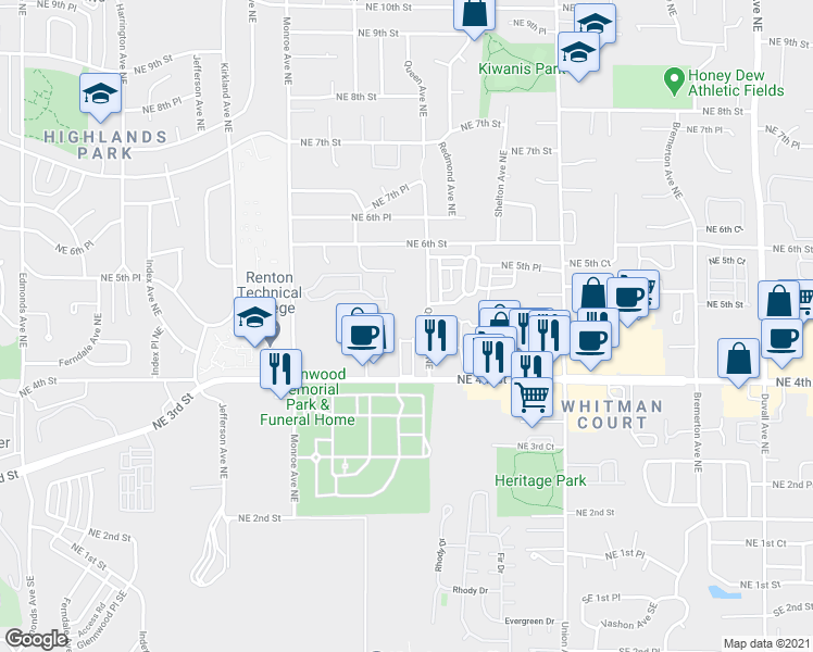 map of restaurants, bars, coffee shops, grocery stores, and more near 465 Queen Avenue Northeast in Renton