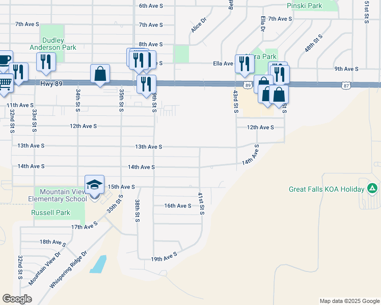map of restaurants, bars, coffee shops, grocery stores, and more near 4004 13th Avenue South in Great Falls