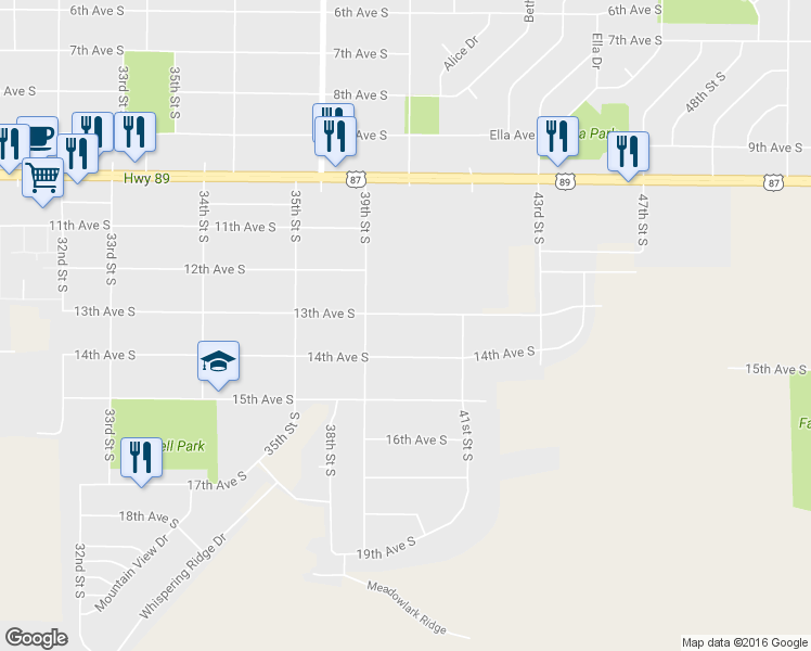 map of restaurants, bars, coffee shops, grocery stores, and more near 3920 13th Avenue South in Great Falls