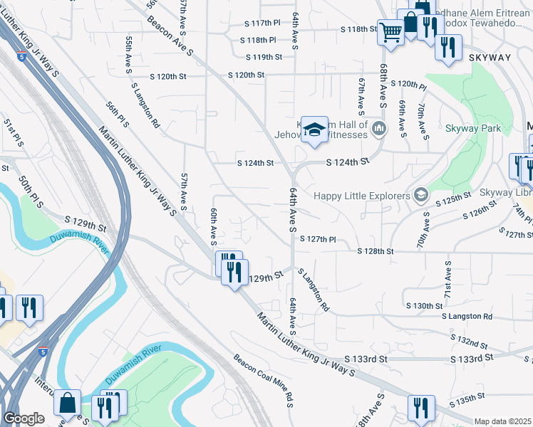 map of restaurants, bars, coffee shops, grocery stores, and more near 6140 South Langston Road in Seattle