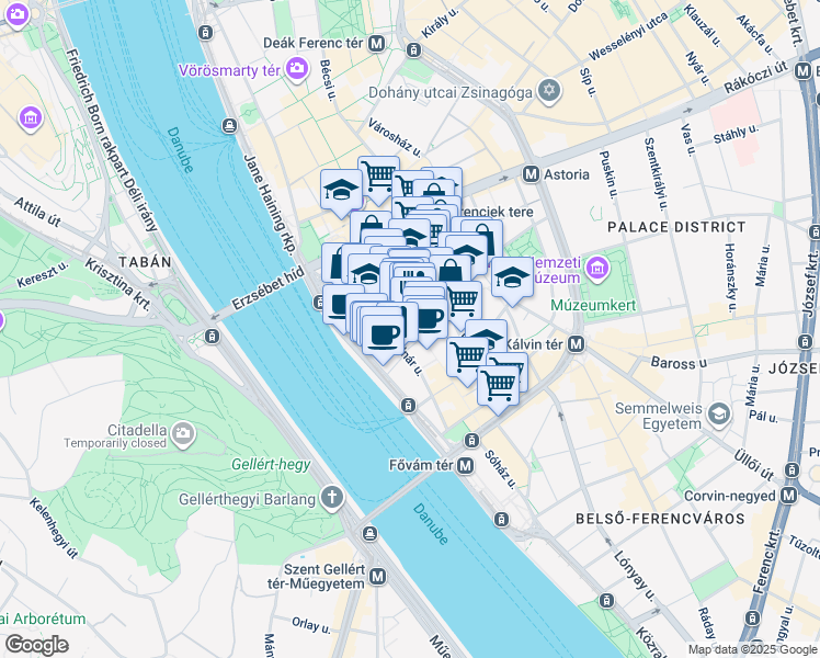 map of restaurants, bars, coffee shops, grocery stores, and more near in Budapest