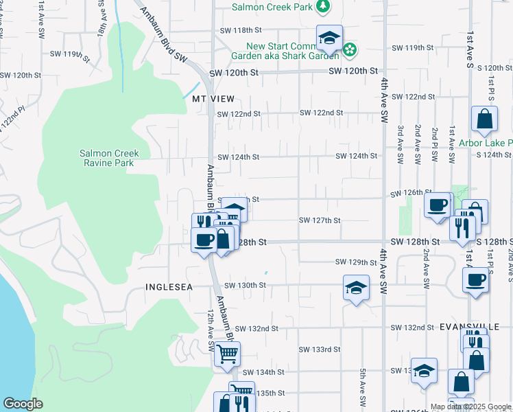 map of restaurants, bars, coffee shops, grocery stores, and more near 861 Southwest 126th Street in Seattle