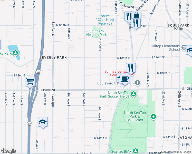 map of restaurants, bars, coffee shops, grocery stores, and more near 12607 14th Avenue South in Seattle