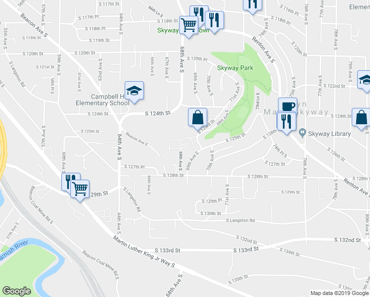 map of restaurants, bars, coffee shops, grocery stores, and more near 12519 69th Avenue South in Seattle