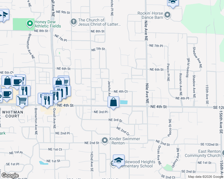 map of restaurants, bars, coffee shops, grocery stores, and more near 5302 Northeast 4th Court in Renton