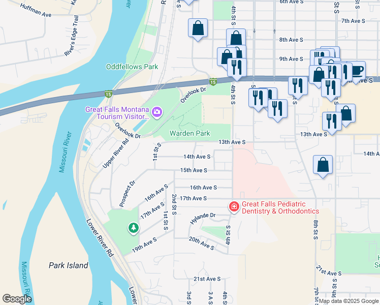 map of restaurants, bars, coffee shops, grocery stores, and more near 141 14th Avenue South in Great Falls