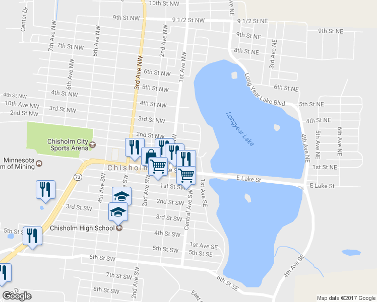 map of restaurants, bars, coffee shops, grocery stores, and more near 16 1st St NW in Chisholm
