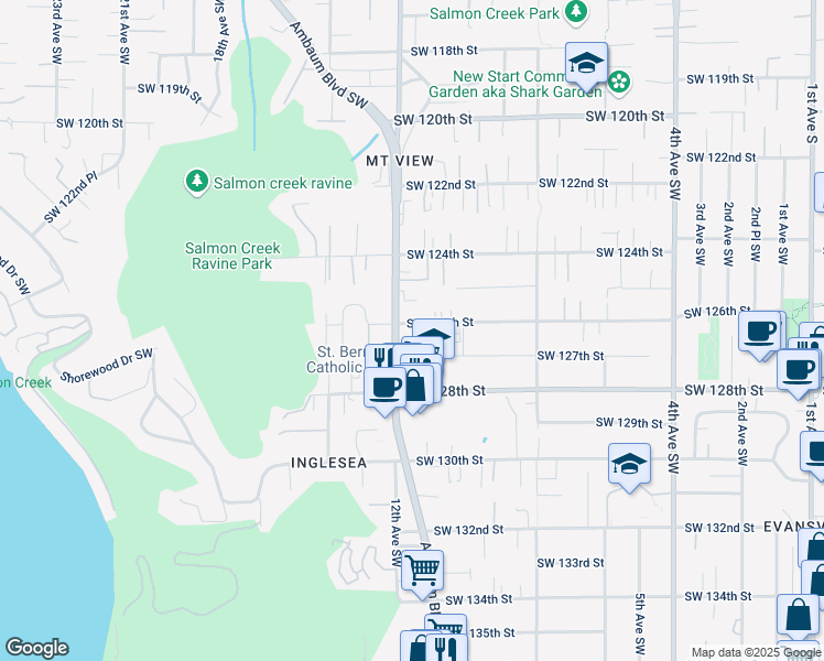 map of restaurants, bars, coffee shops, grocery stores, and more near 1121 Southwest 126th Street in Seattle