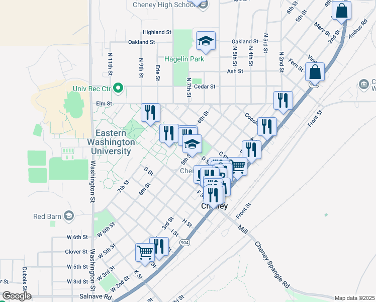 map of restaurants, bars, coffee shops, grocery stores, and more near 524 5th Street in Cheney