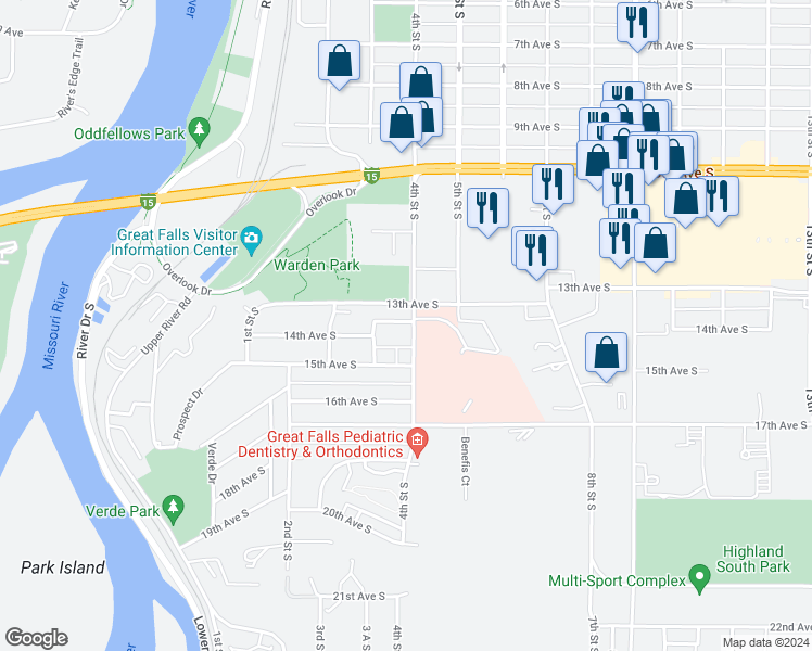 map of restaurants, bars, coffee shops, grocery stores, and more near 326 14th Avenue South in Great Falls