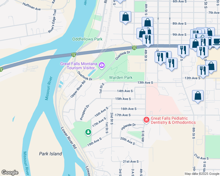 map of restaurants, bars, coffee shops, grocery stores, and more near 117 14th Avenue South in Great Falls