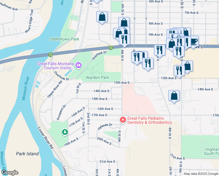 map of restaurants, bars, coffee shops, grocery stores, and more near 219 14th Avenue South in Great Falls