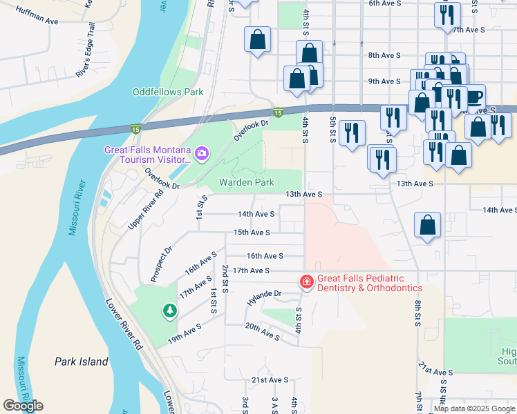 map of restaurants, bars, coffee shops, grocery stores, and more near 141 14th Avenue South in Great Falls