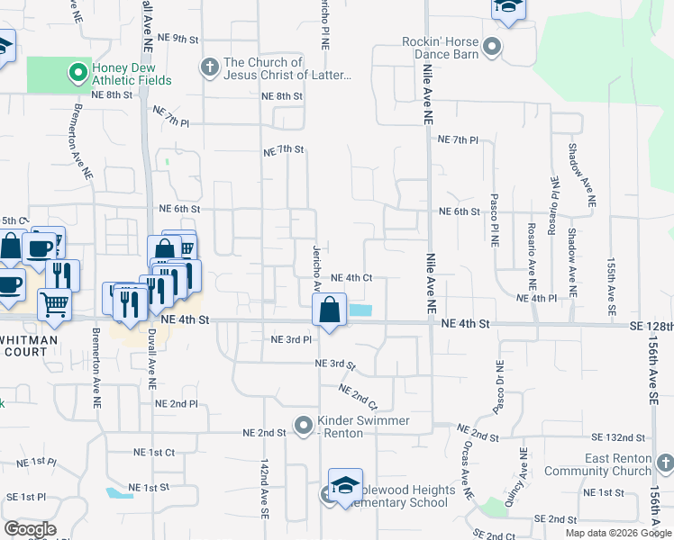 map of restaurants, bars, coffee shops, grocery stores, and more near 5302 Northeast 4th Court in Renton