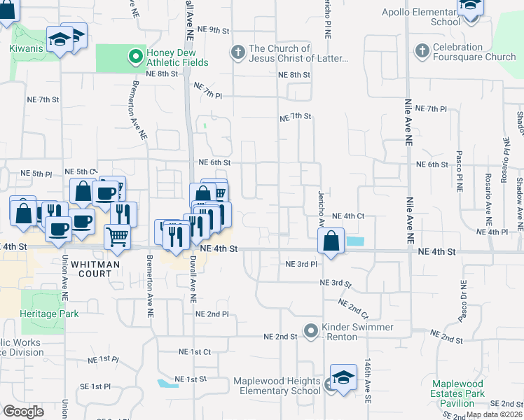 map of restaurants, bars, coffee shops, grocery stores, and more near 484 Field Place Northeast in Renton