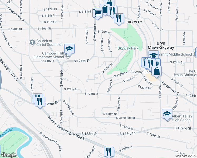 map of restaurants, bars, coffee shops, grocery stores, and more near 12519 69th Avenue South in Seattle