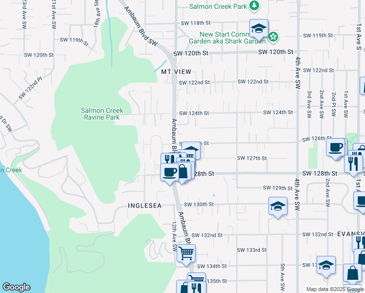 map of restaurants, bars, coffee shops, grocery stores, and more near 1121 Southwest 126th Street in Seattle