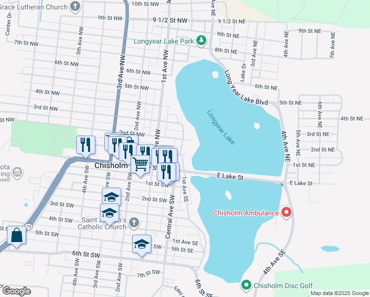 map of restaurants, bars, coffee shops, grocery stores, and more near 10 1st Street Northeast in Chisholm