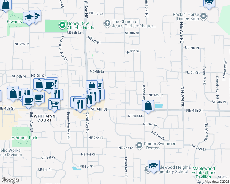 map of restaurants, bars, coffee shops, grocery stores, and more near 484 Field Place Northeast in Renton