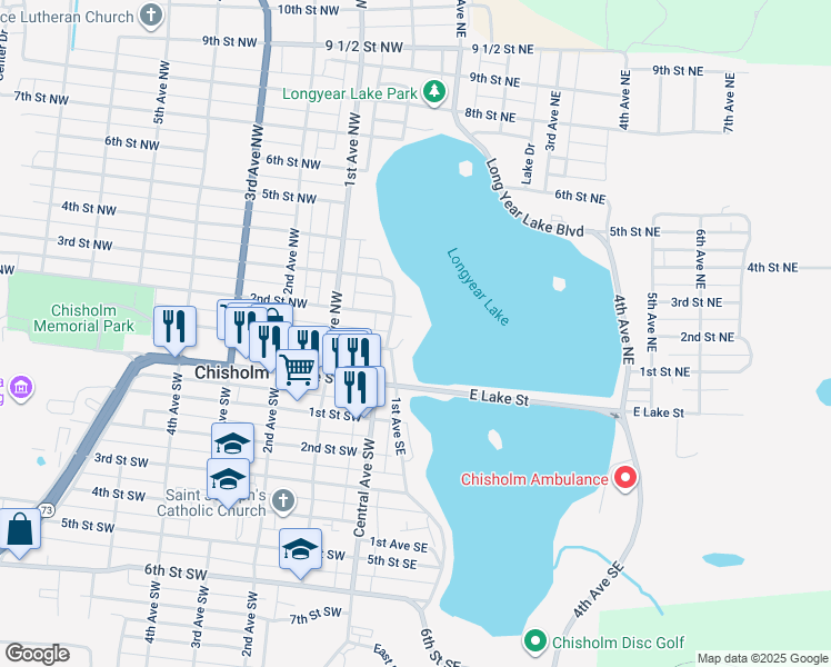map of restaurants, bars, coffee shops, grocery stores, and more near 10 1st Street Northeast in Chisholm