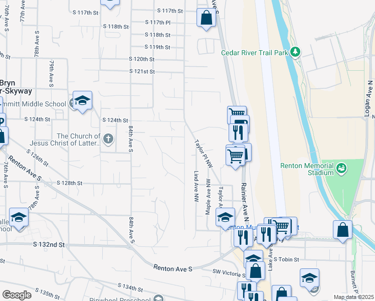 map of restaurants, bars, coffee shops, grocery stores, and more near 500 Stevens Avenue Northwest in Renton